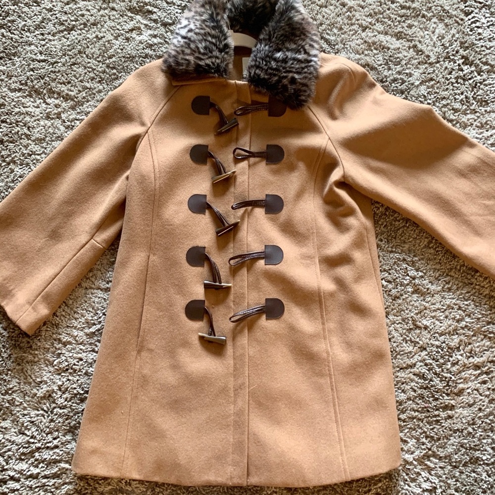 Anthropologie Camel Wool Toggle Pea Coat with Faux Fur Collar
